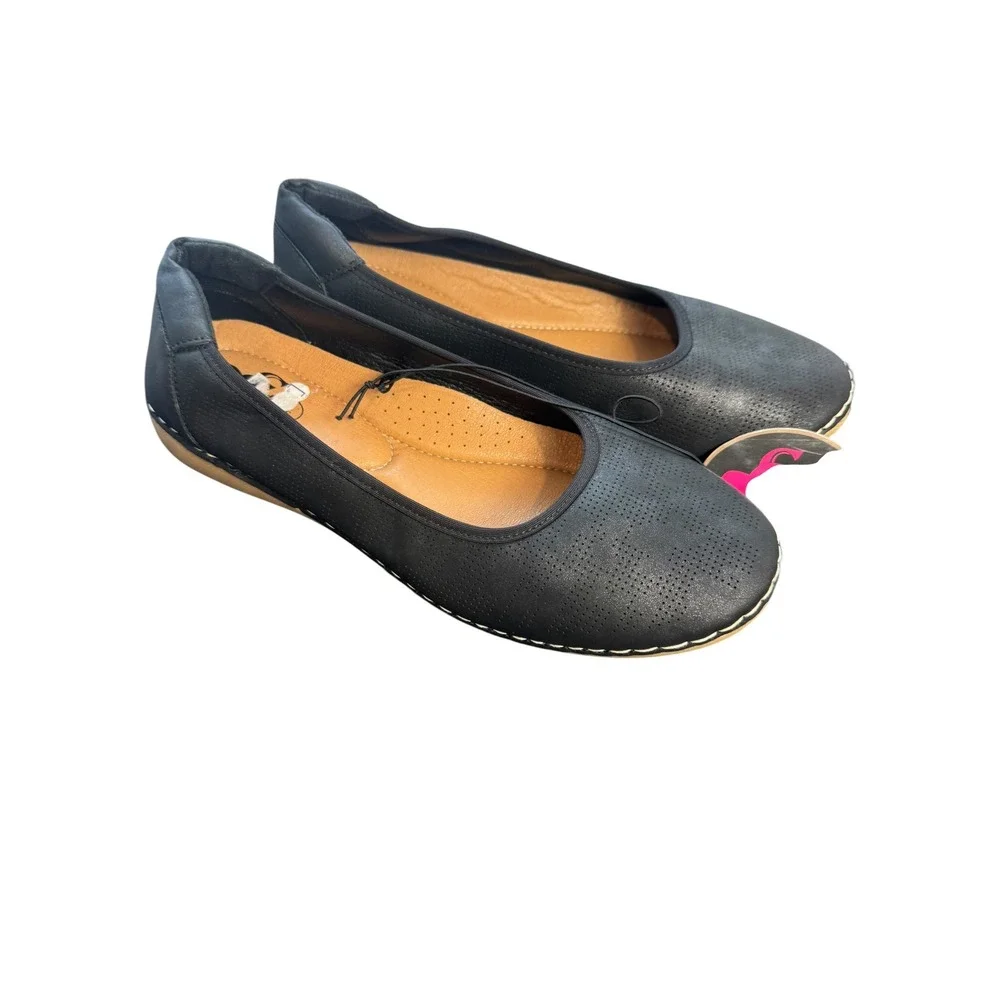 CG Shoes Womens Black Perforated Metallic Comfort Ballet Flats Size 10W